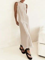 Contrast Stitching Round Neck Sleeveless Midi Dress - Trendsi - Flyclothing LLC