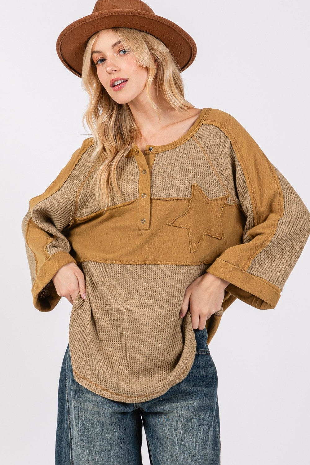 SAGE + FIG Star Applique Patch Exposed Seam Waffle Knit Top - Trendsi