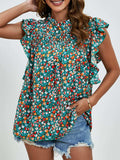 Ruffled Ditsy Floral Mock Neck Cap Sleeve Blouse - Trendsi - Flyclothing LLC