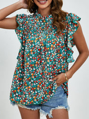 Ruffled Ditsy Floral Mock Neck Cap Sleeve Blouse - Trendsi