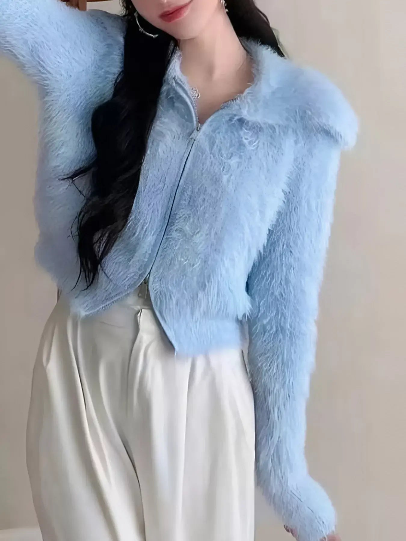 Fluffy Knit Zip-Up Outerwear - Trendsi - Flyclothing LLC