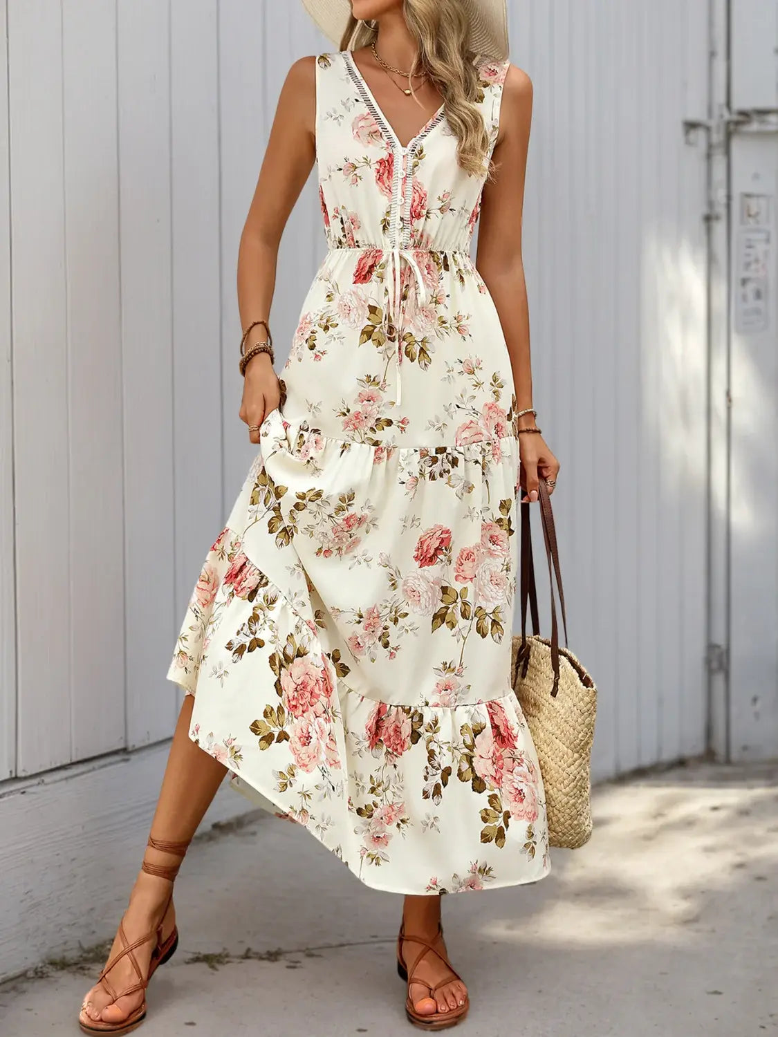 Printed Ruffled Hem V-Neck Sleeveless Dress - Trendsi - Flyclothing LLC