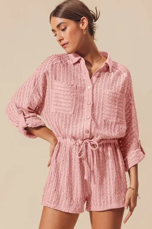 SO ME Textured Knit Button Front Romper - Trendsi - Flyclothing LLC