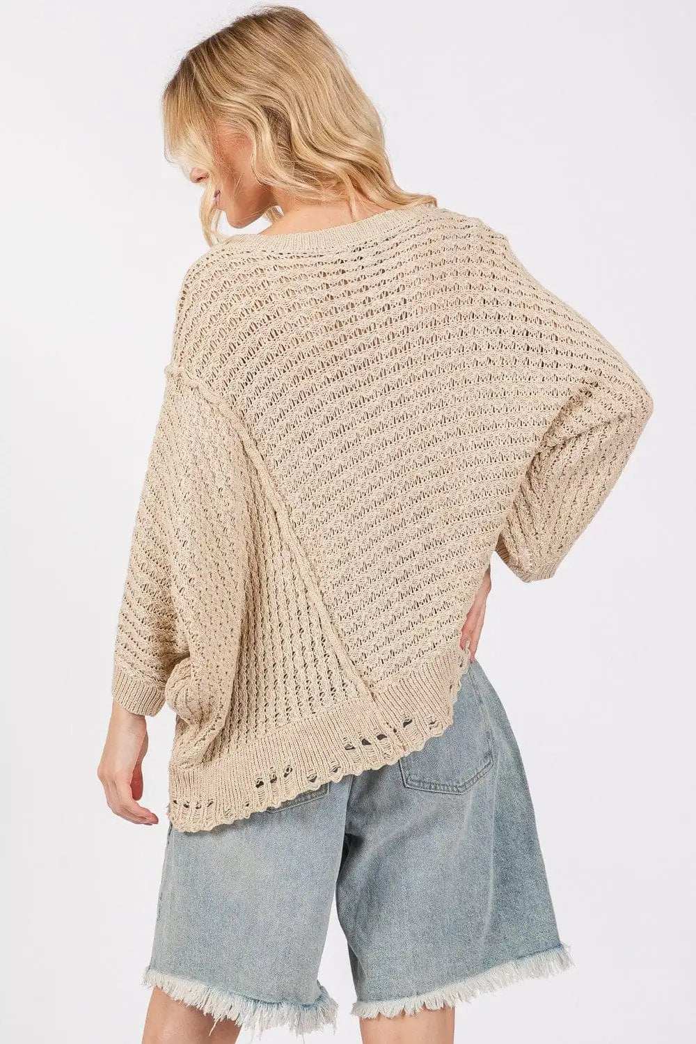 SAGE + FIG Distressed Asymmetrical Open Stitch Sweater - Trendsi - Flyclothing LLC