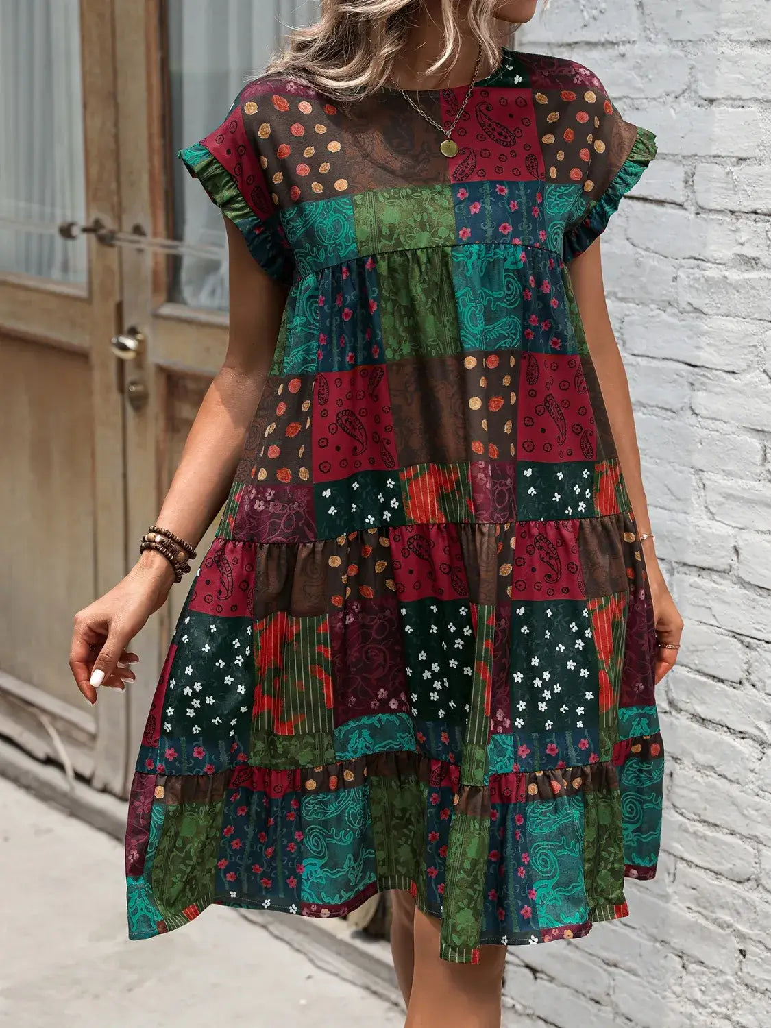 Color Block Print Short Sleeve Mini Dress - Trendsi - Flyclothing LLC