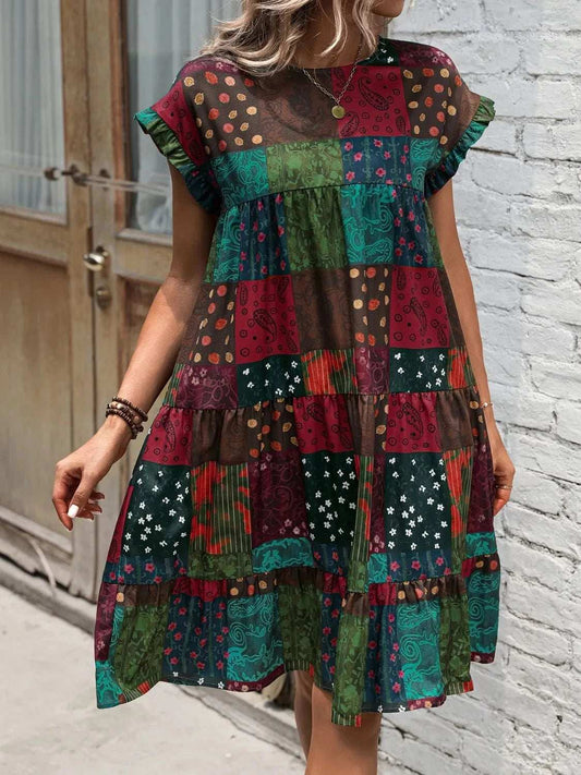 Color Block Print Short Sleeve Mini Dress - Trendsi - Flyclothing LLC