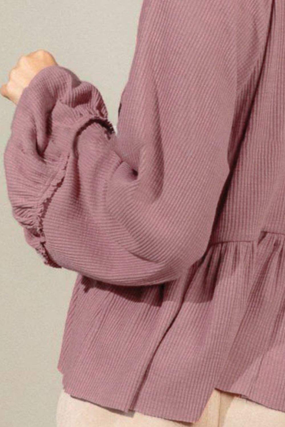 Notched Balloon Sleeve Peplum Blouse - Trendsi - Flyclothing LLC