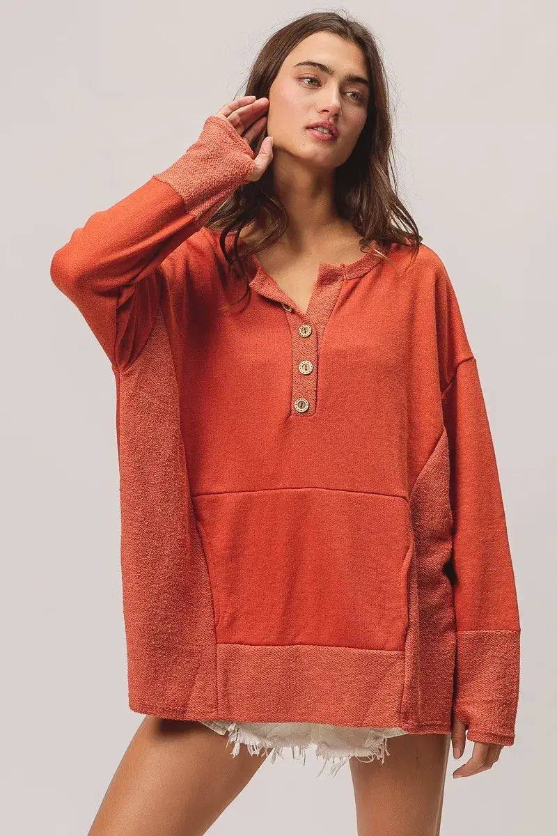 BiBi French Terry Knit Side Block Buttoned Henley Top - Trendsi - Flyclothing LLC