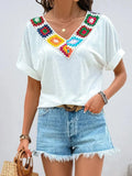 Contrast V-Neck Short Sleeve Top - Trendsi