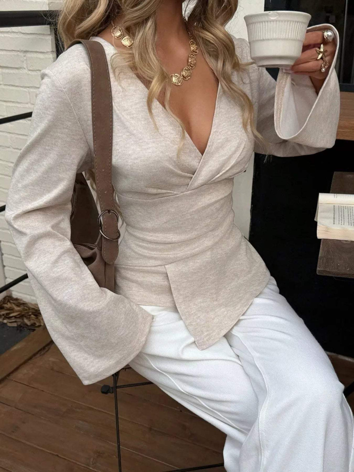Elegant V-Neck Wrap Asymmetrical Blouse with Flared Sleeves - Trendsi - Flyclothing LLC