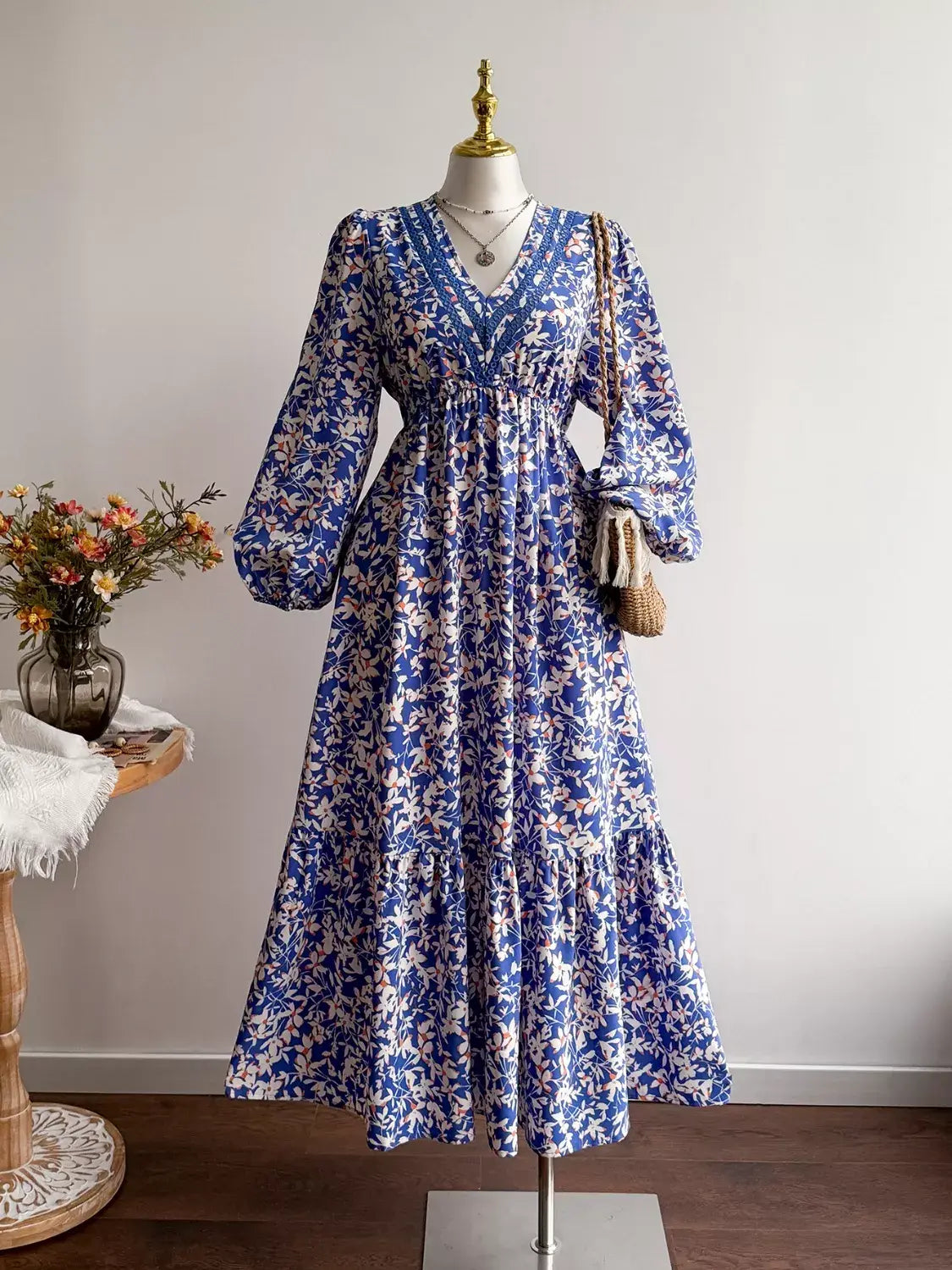 Plus Size Floral Print V-Neck Long Sleeve Maxi Dress - Trendsi - Flyclothing LLC