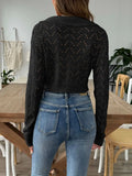 Openwork Collared Neck Long Sleeve Knit Top - Trendsi