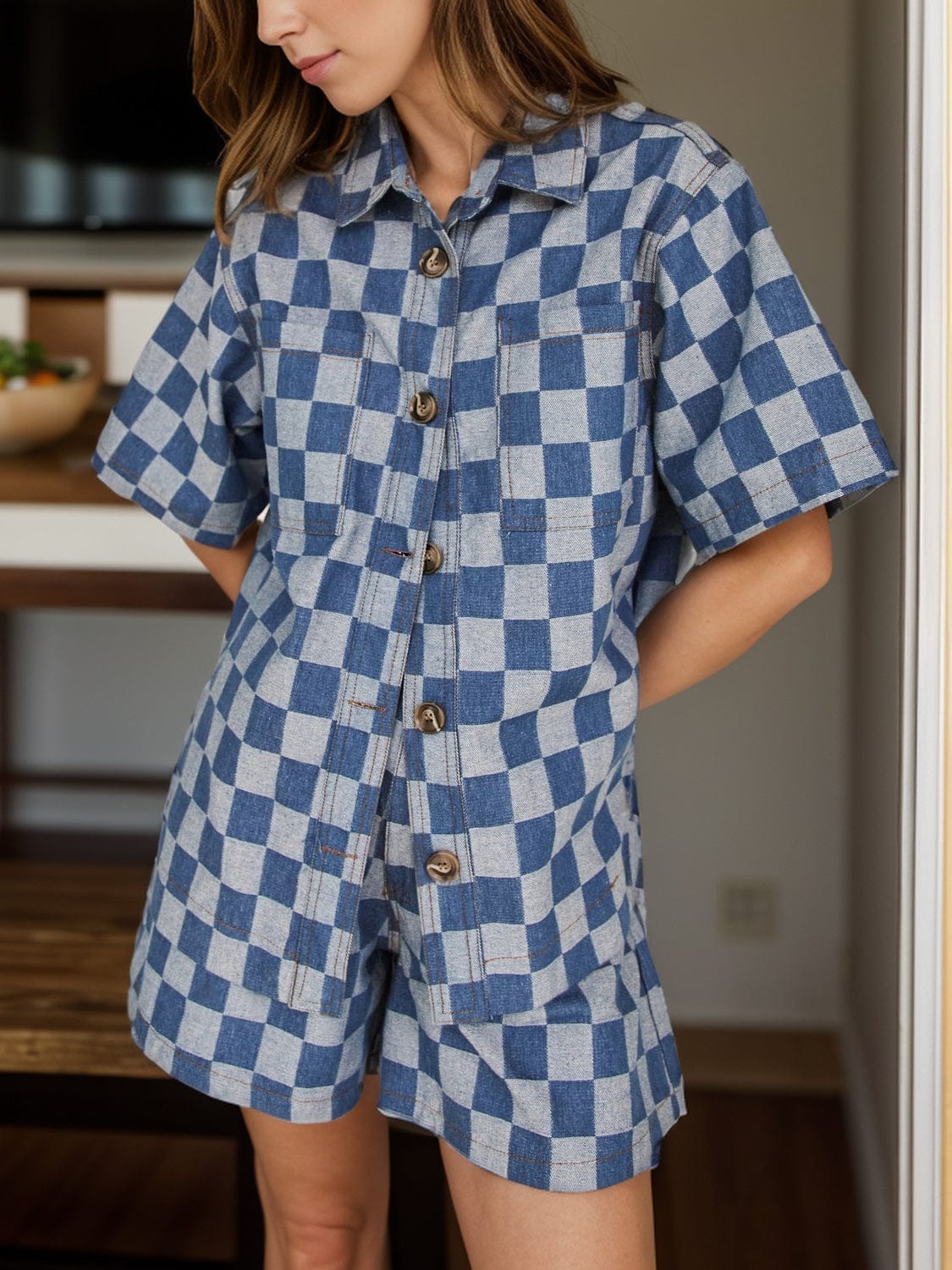 Checkered Button Up Half Sleeve Top and Shorts Set - Trendsi
