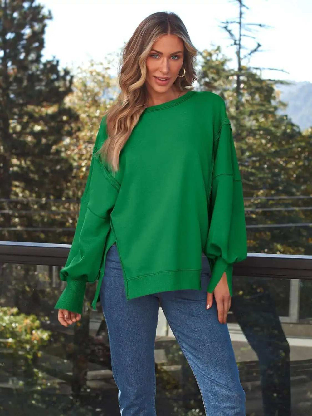 Slit Round Neck Long Sleeve Sweatshirt - Trendsi - Flyclothing LLC