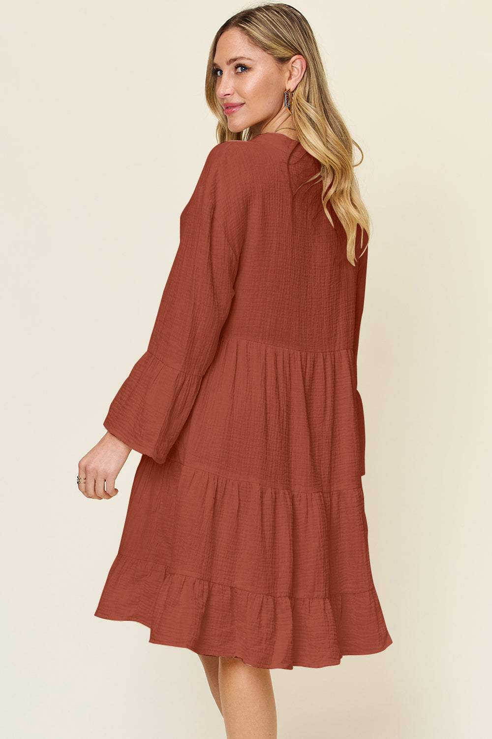 Double Take Full Size Texture Button Up Ruffle Hem Dress - Trendsi - Flyclothing LLC