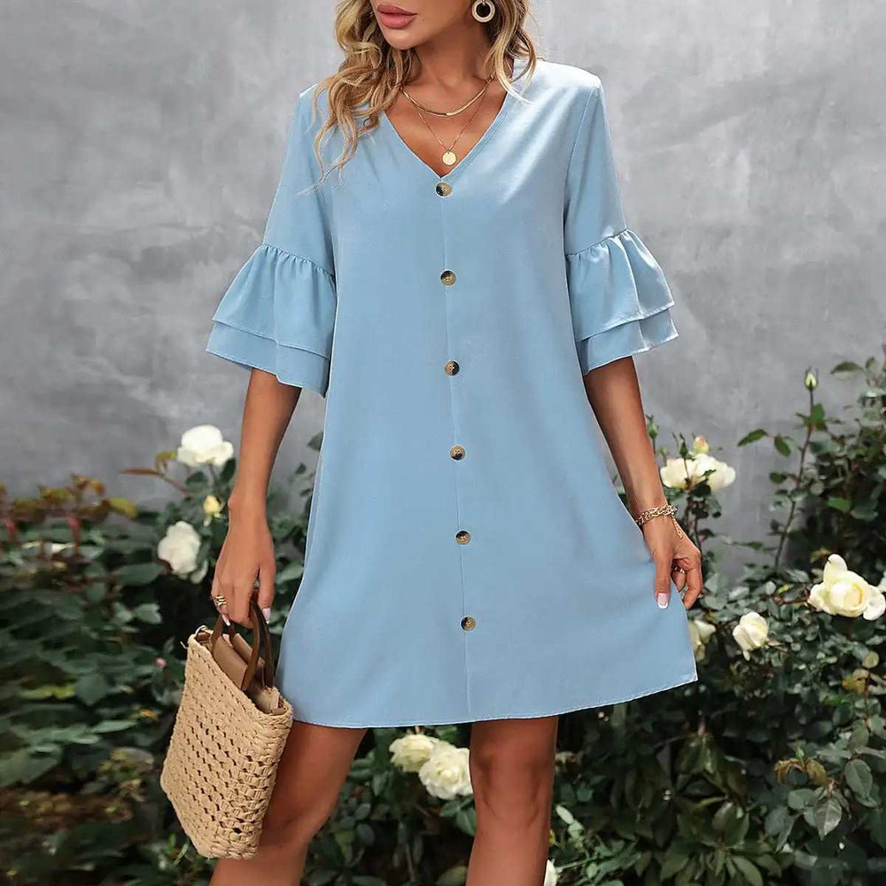 V-Neck Half Sleeve Mini Dress - Trendsi - Flyclothing LLC