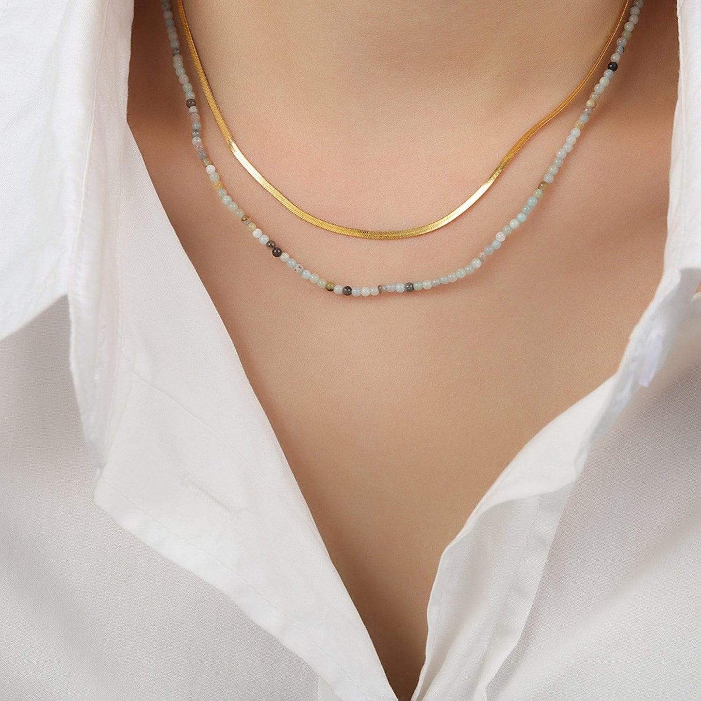 Beaded Titanium Steel Double-Layered Necklace - Trendsi - Flyclothing LLC