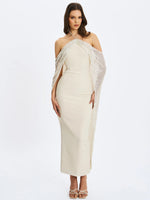 Quimera Almond Beaded Cape Halter Off-Shoulder Maxi Gown - Miss Circle - Flyclothing LLC