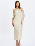 Quimera Almond Beaded Cape Halter Off-Shoulder Maxi Gown - Miss Circle - Flyclothing LLC