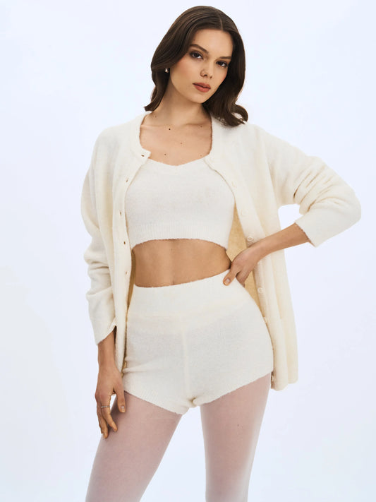 Sera White Wool-Blend Ribbed Knit Mini Shorts - Miss Circle - Flyclothing LLC