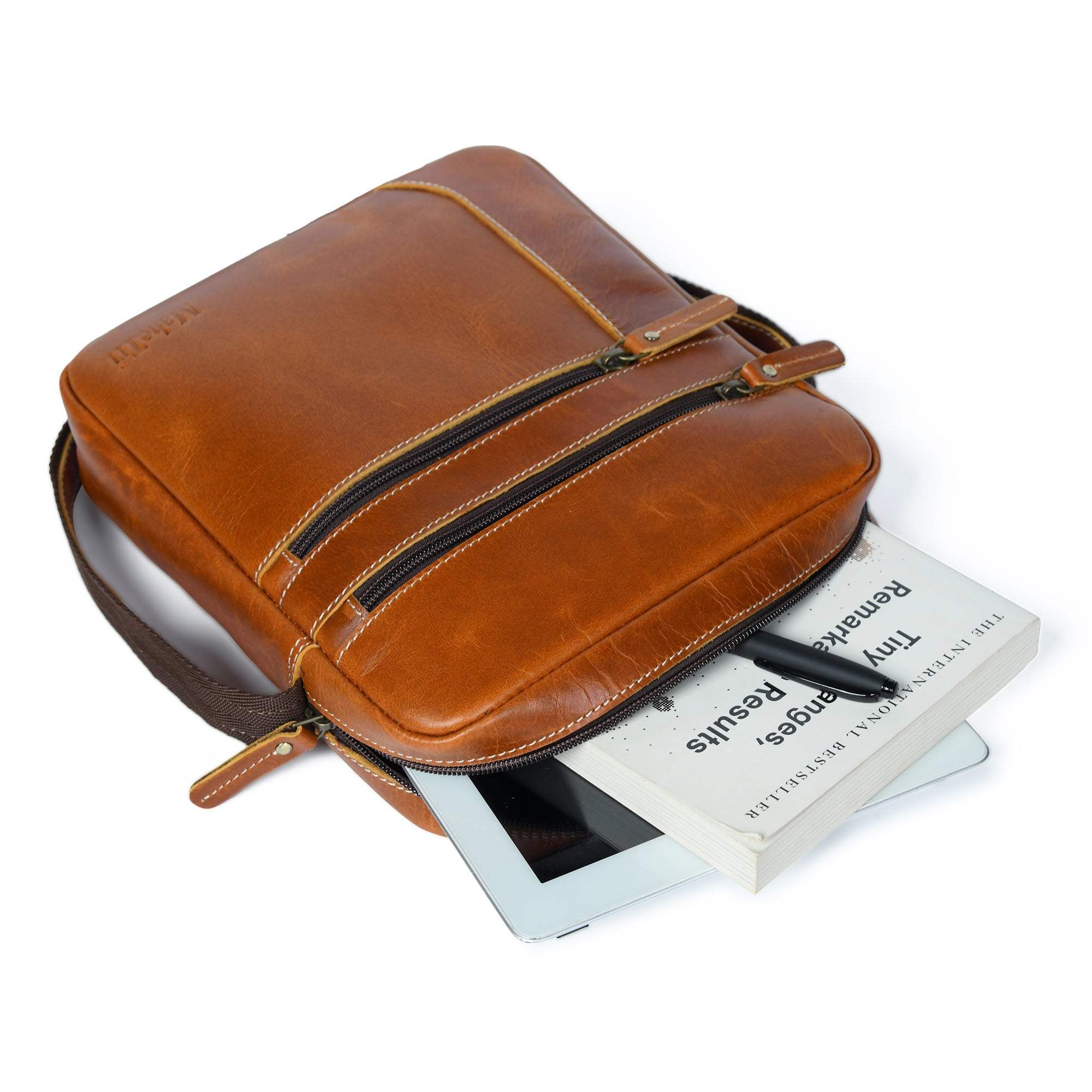 The Compact Messenger- Tan - Classy Leather Bags - Flyclothing LLC