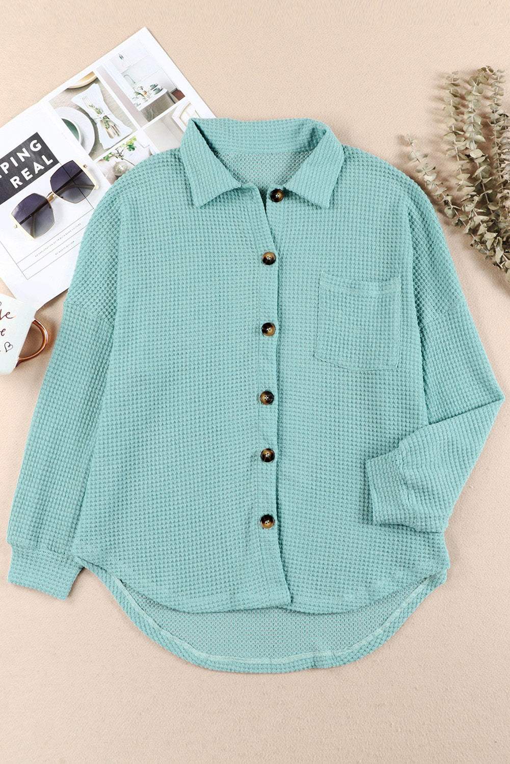 Waffle-Knit Collared Neck Long Sleeve Shirt - Trendsi - Flyclothing LLC