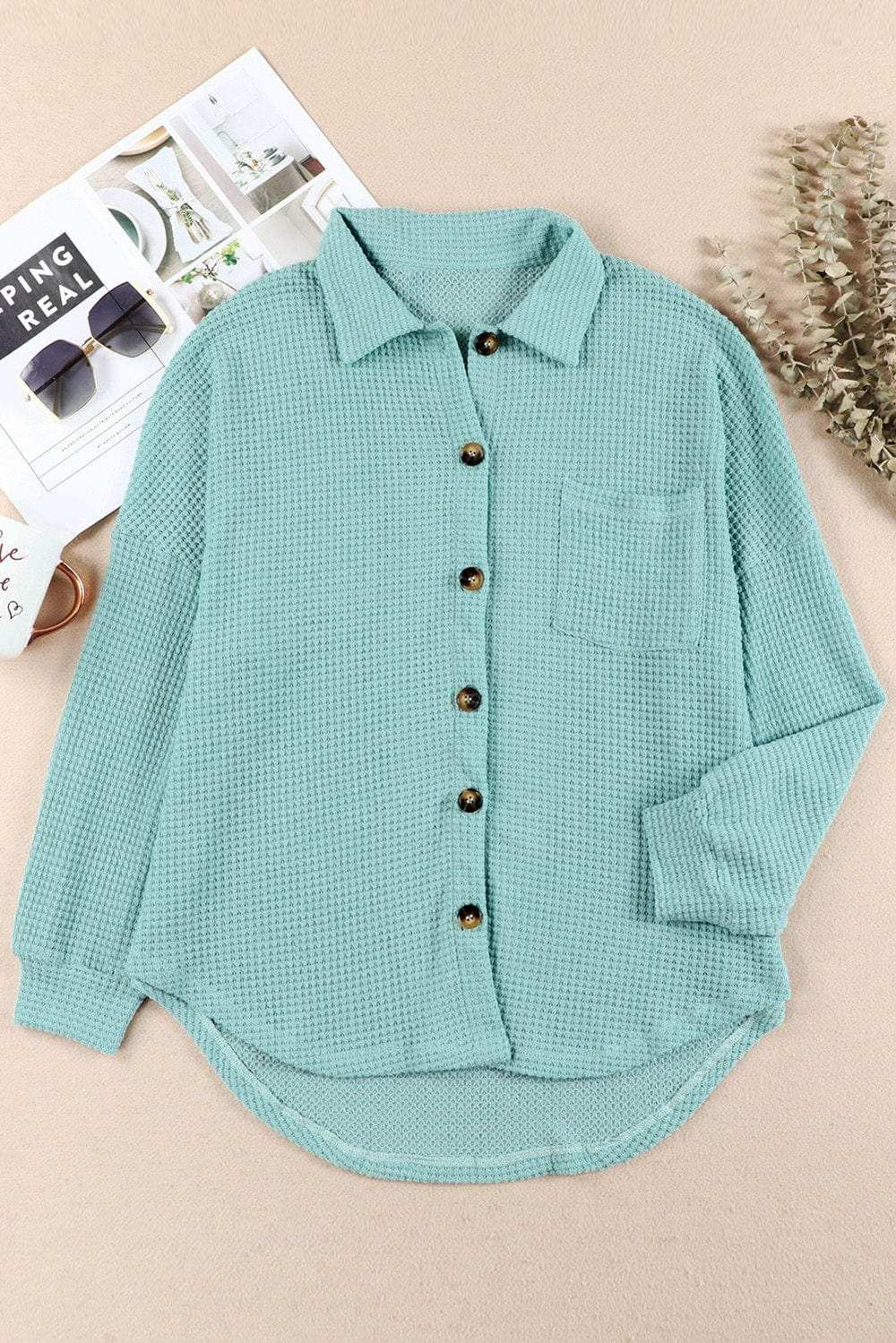 Waffle-Knit Collared Neck Long Sleeve Shirt - Trendsi - Flyclothing LLC