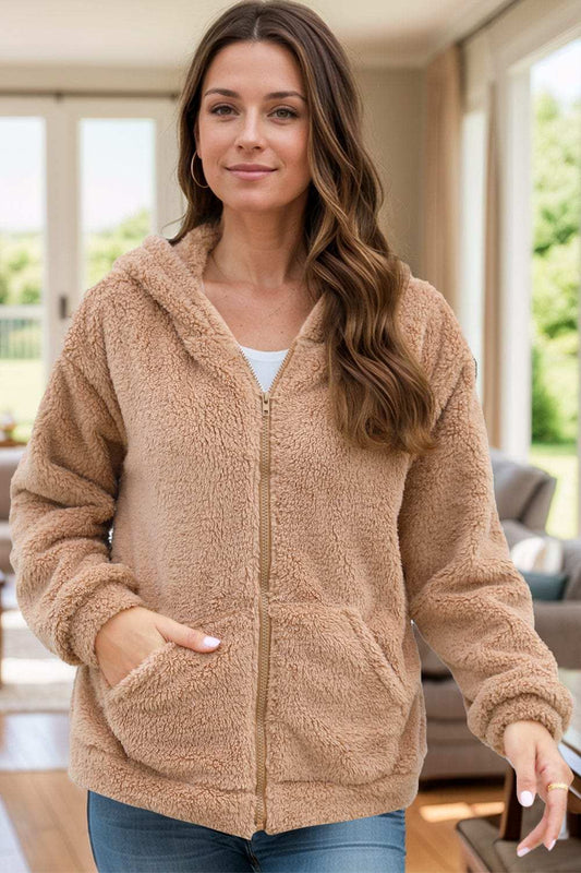 Zip Up Long Sleeve Fuzzy Hooded Outerwear - Trendsi - Flyclothing LLC