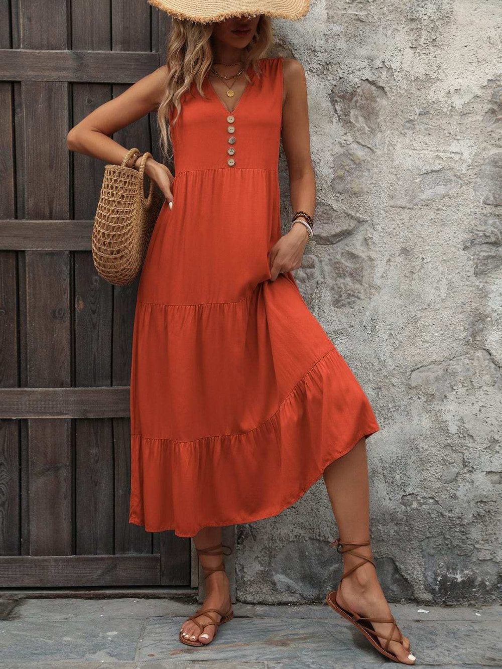 Decorative Button Notched Sleeveless Dress - Trendsi - Flyclothing LLC