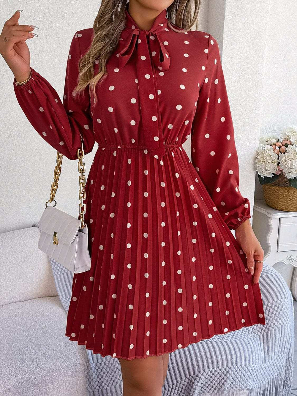 Polka Dot Tie Neck Pleated Dress - Trendsi - Flyclothing LLC