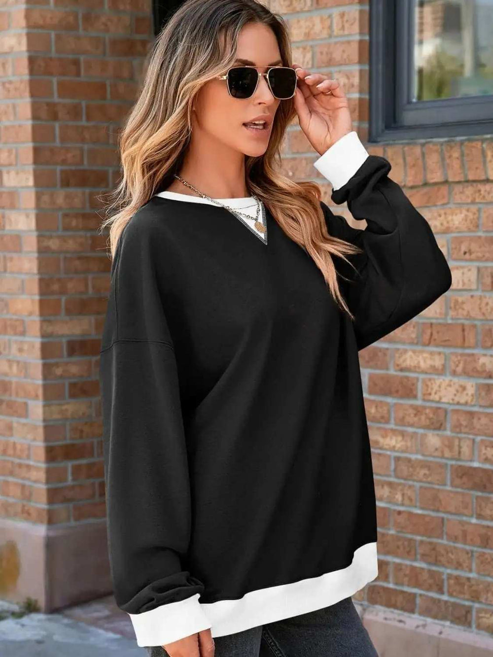 Contrast Trim Round Neck Long Sleeve Sweatshirt - Trendsi - Flyclothing LLC