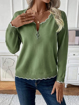 Contrast Trim Quarter Zip Long Sleeve Knit Top - Trendsi - Flyclothing LLC
