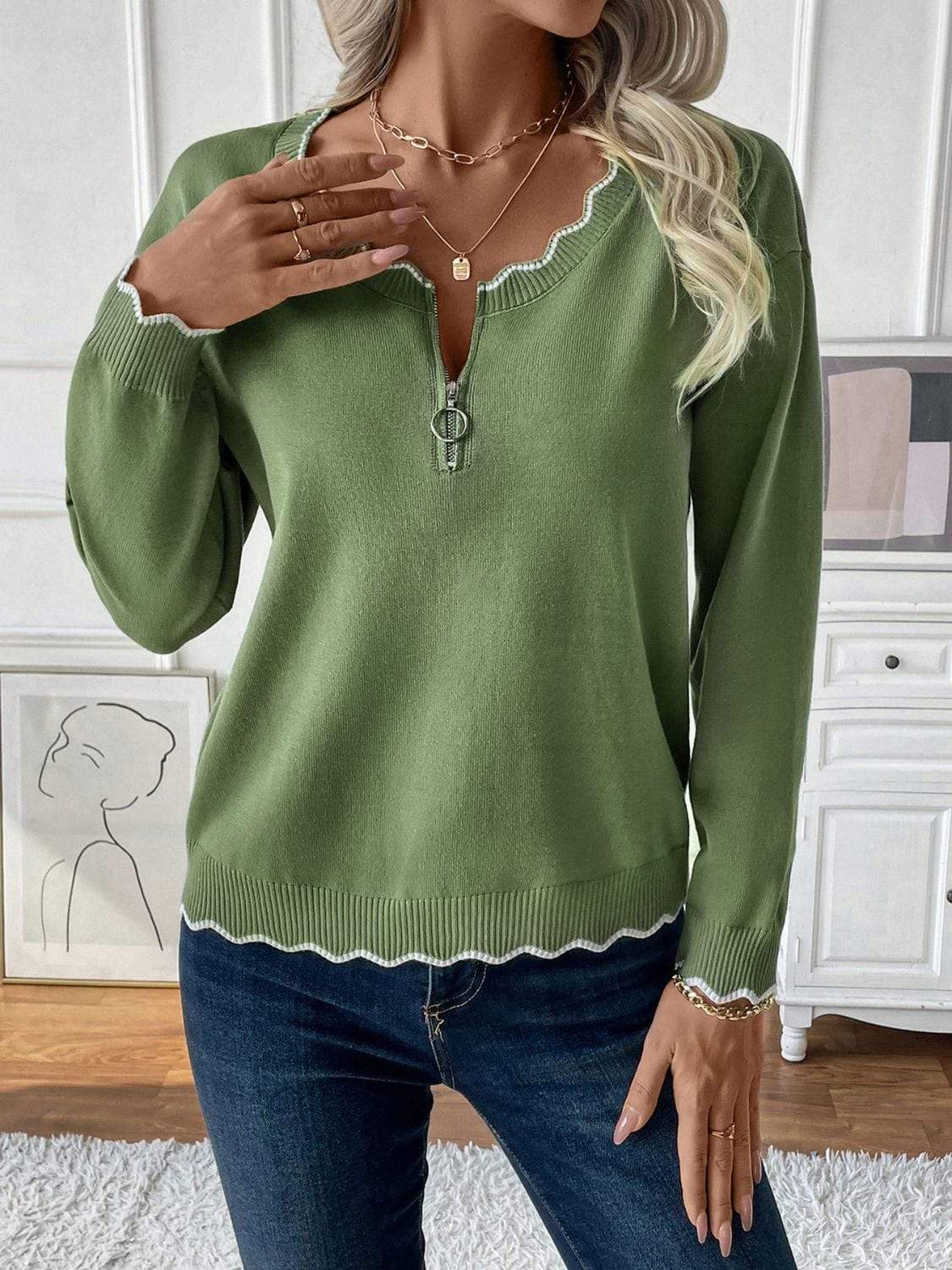 Contrast Trim Quarter Zip Long Sleeve Knit Top - Trendsi - Flyclothing LLC