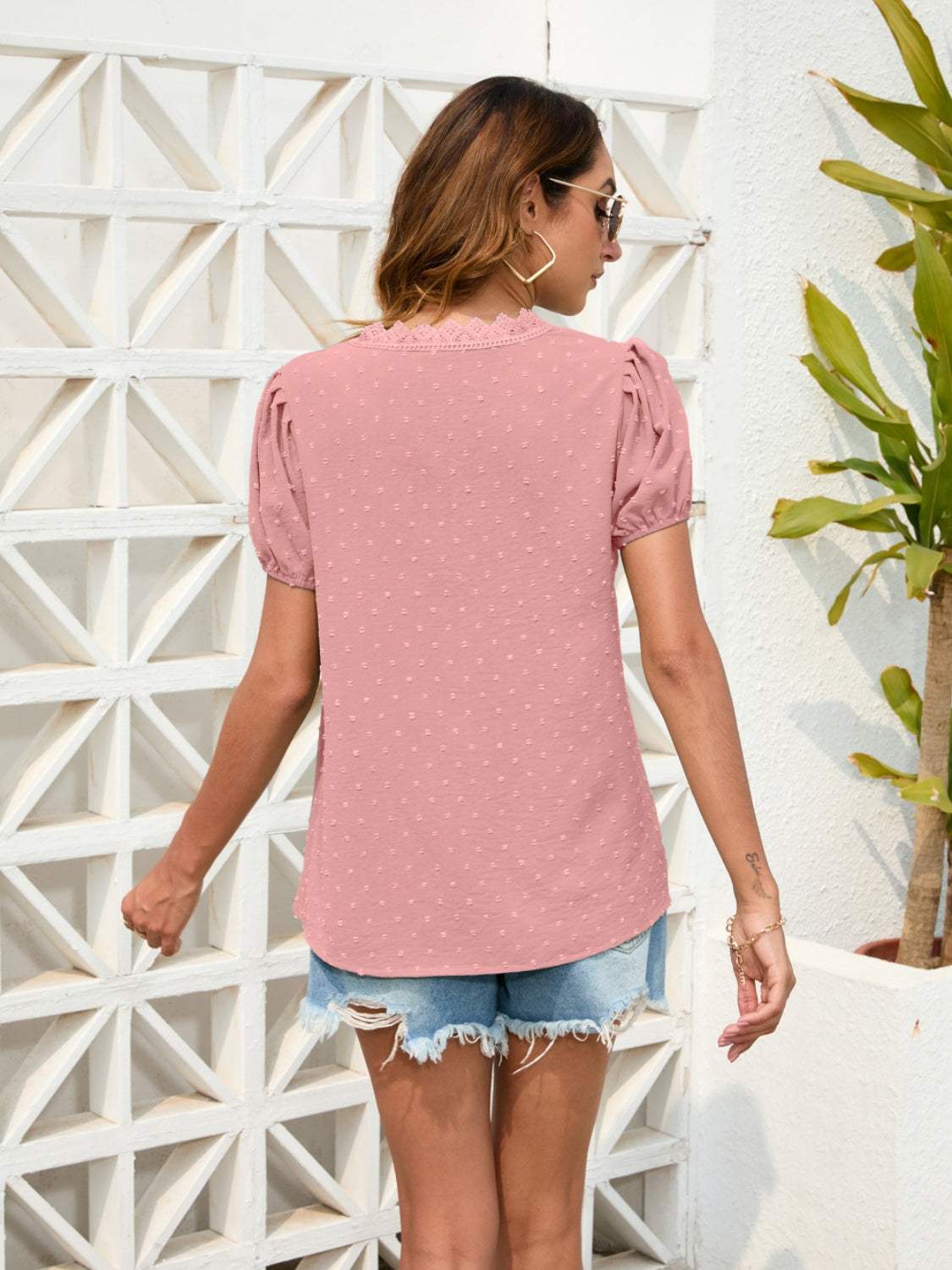 Swiss Dot Lace Detail V-Neck Blouse - Trendsi - Flyclothing LLC