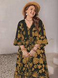 Plus Size Lace Detail Tropical Print Three-Quarter Sleeve Maxi Dress - Trendsi