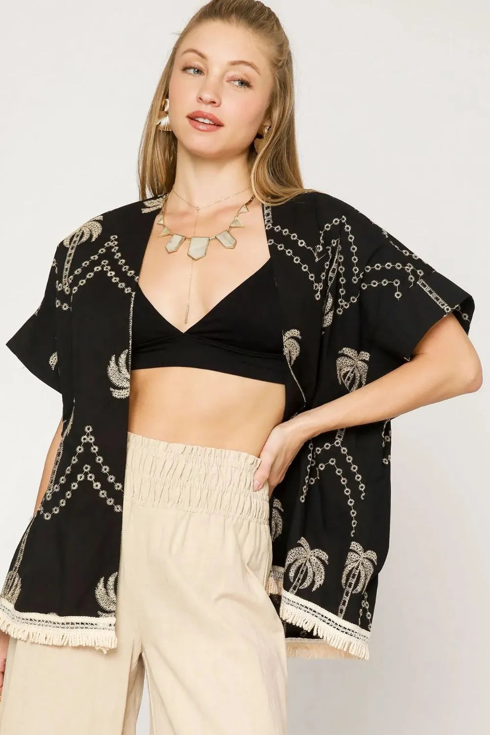 Umgee Open Front Embroidered Fringe Kimono - Trendsi