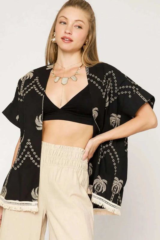 Umgee Open Front Embroidered Fringe Kimono - Trendsi - Flyclothing LLC