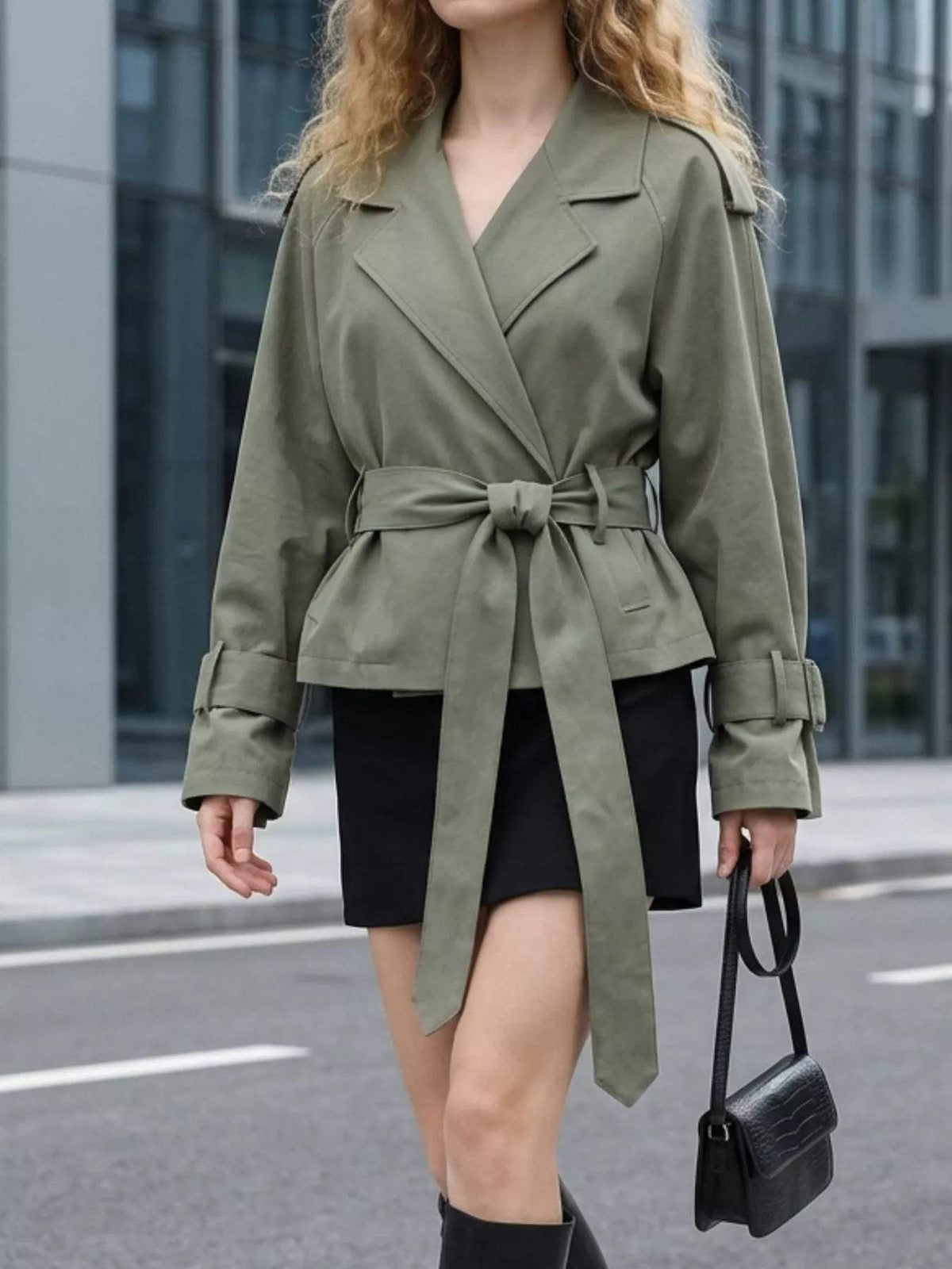 Lapel Collar Belted Cropped Trench - Trendsi - Flyclothing LLC