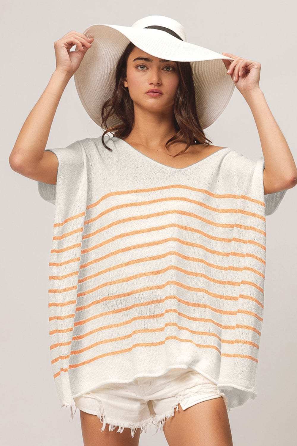 BiBi V Neck Striped Short Sleeve Top - Trendsi - Flyclothing LLC