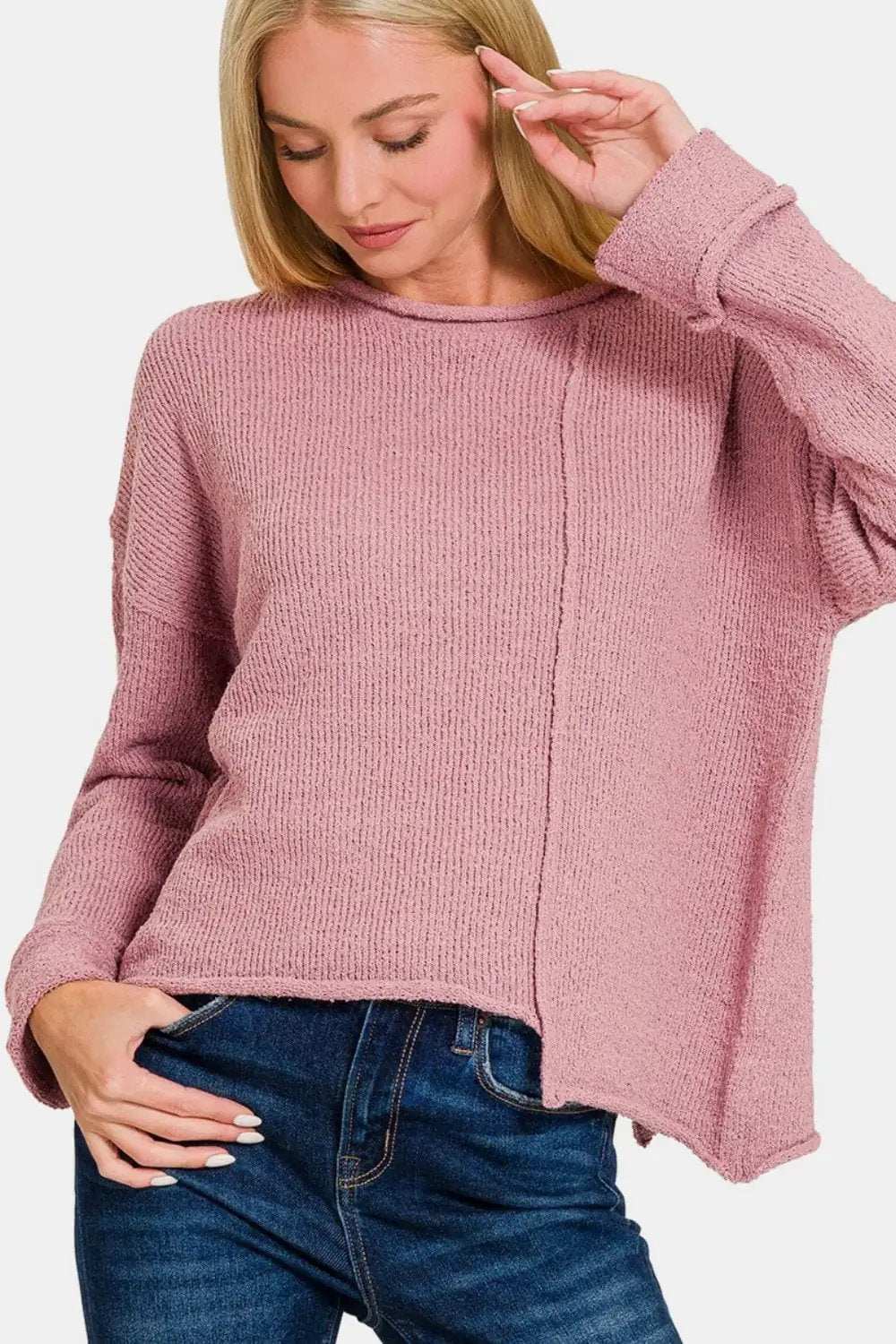 Zenana Asymmetric Hem Drop Shoulder Sweater - Trendsi - Flyclothing LLC