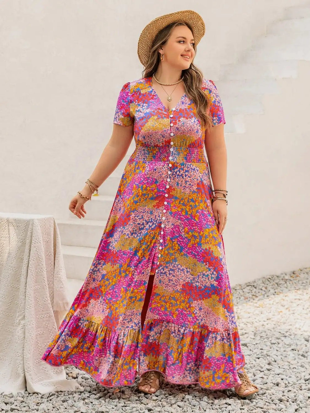 Plus Size Button Up Printed Short Sleeve Maxi Dress - Trendsi