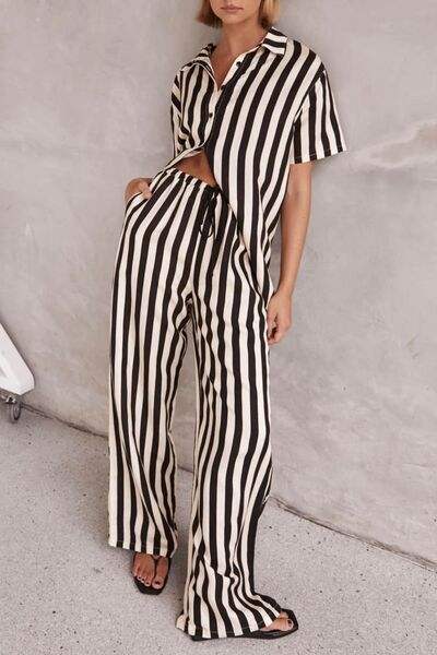 Striped Collared Neck Half Sleeve Top and Pants Set - Trendsi - Flyclothing LLC