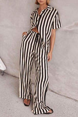 Striped Collared Neck Half Sleeve Top and Pants Set - Trendsi - Flyclothing LLC