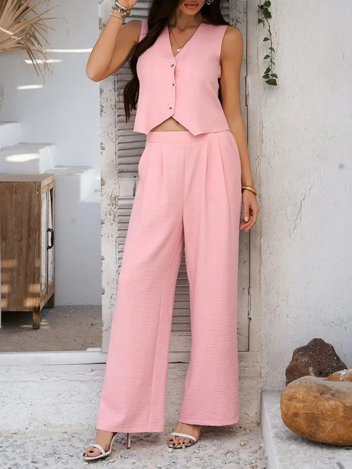 Devine Button Down Vest and Wide Leg Pants Set - Trendsi - Flyclothing LLC