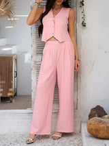 Devine Button Down Vest and Wide Leg Pants Set - Trendsi - Flyclothing LLC
