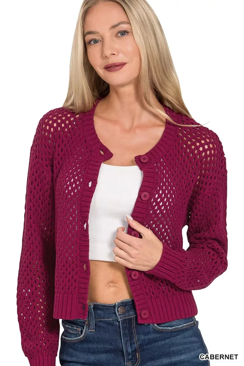 Zenana Button Down Lightweight Crochet Cardigan Sweater - Trendsi - Flyclothing LLC