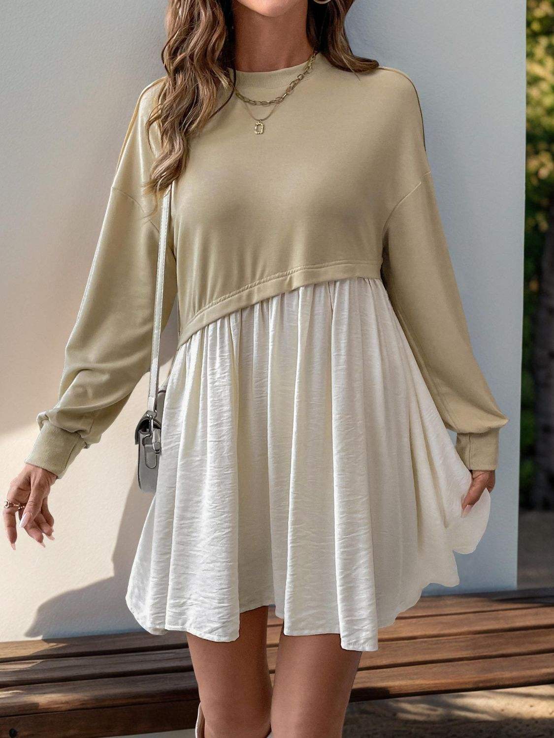 Perfee Contrast Round Neck Long Sleeve Mini Dress - Trendsi - Flyclothing LLC