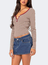 Buttoned Striped Long Sleeve T-Shirt - Trendsi - Flyclothing LLC