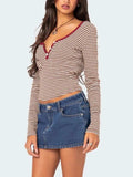 Buttoned Striped Long Sleeve T-Shirt - Trendsi - Flyclothing LLC