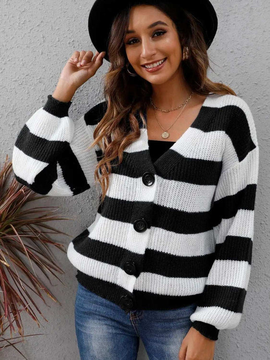 Striped Button Up Long Sleeve Sweater - Trendsi - Flyclothing LLC